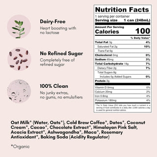 Pop & Bottle, USDA Organic Certified Oat Milk Lattes - w/Adaptogens, Maca, Ashwagandha, MCT Oil, Oat Milk & Lightly Sweetened w/Dates & Mocha, Dairy Free, Gluten Free, Fair-Trade, Direct-Trade Great as Cold Brew Caffeinated Coffee (12 Pack) 8oz Can
