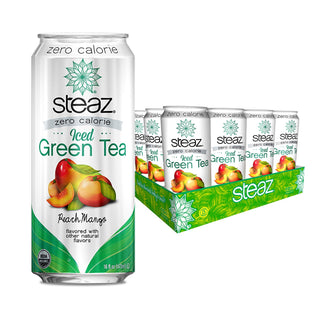 Steaz Organic Kosher, Vegan, Stevia, Zero Calorie Peach Mango Caffeine Green Tea (Case of 12) 16 Fl Oz Cans