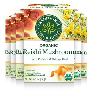 Traditional Medicinals Organic Kosher Herbal  Reishi Mushroom w/Rooibos, Orange Peel GMO-Free Caffeinated Herbal Tea (Case of 6) 16 Tea Bags