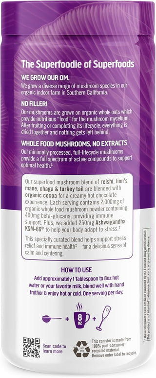 OM MUSHROOM SUPERFOOD USDA Organic, Kosher Hot Chocolate Functional Mushroom Blend w/Lion's Mane, Reishi, Chaga, Turkey Tail & Ashwagandha, Dutch Cocoa, Vegan Non-GMO, Gluten-Free "Focus and Stress Support" Superfood Mix (Pack of 1) 8.47oz Canister