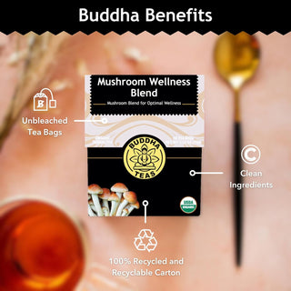 Buddha Teas Organic Kosher Mushroom Wellness Blend w/Functional Mushrooms, Lion's Mane, Cordyceps, Chaga, Reishi & Spearmint Leaf, Lemongrass, Anise Seed, Ginger Root Gluten-Free, Dairy-Free, GMO-Free Caffeine-Free Mushroom Tea (Case of 6) 18 Bags