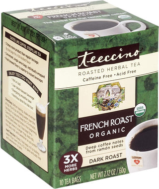 Teeccino Organic Herbal French Roast Herbal Coffee Dark Roast w/Carob, Barley, Chicory, Ramón Seeds, Natural Flavor, Dairy-Free, Gluten-Free Vegan, Yeast-Free Caffeine-Free Herbal Tea (Case of 6) 10 Tea Bags