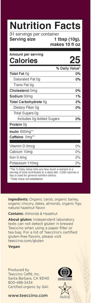 Teeccino Organic Herbal Kosher-Parve Chicory Mediterranean Hazelnut w/Carob, Barley, Dates, Almonds, Figs, Natural Flavor, Medium Roast Grind Caffeine-Free Coffee Alternative (Case of 6) 11oz Bags