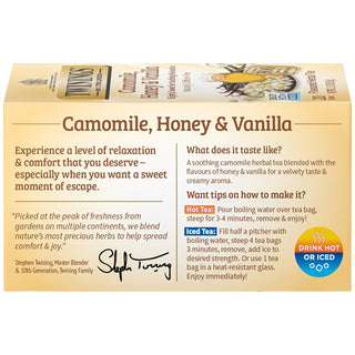 Twinings Tea Herbal Kosher Chamomile Honey & Vanilla W/Honey Flavours & Other Natural Flavours, Caffeine-Free Green Tea (Case of 6) 20 Tea Bags