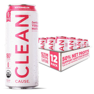 CLEAN Cause Organic Yerba Mate Watermelon w/Stevia Extract, Erythritol, Yerba-Mate Extract, Citric Acid, Keto Friendly Energy Drink Alternative w/Zero Calorie, Zero-Sugar, 160mg Caffeine, Better Alternative to Energy Drinks (Case of 12) 16 oz Cans