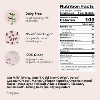 Pop & Bottles Oat Milk Vanilla Lattes - Cold Brew, Marine Collagen, MCT Oil, Oat Milk, Organic, Dairy Free, Gluten Free, Vegan, Great as Iced Coffee, Lightly Sweetened w/Dates Caffeinated Latte (Pack of 12) 8oz Can