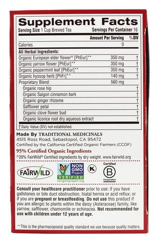 Traditional Medicinals Organic Herbal Kosher "Herbal Cold Care" w/Elderflower, Yarrow Flower & Peppermint Leaf, GMO-Free Caffeine-Free Herbal Tea (Case of 6) 16 Tea Bags