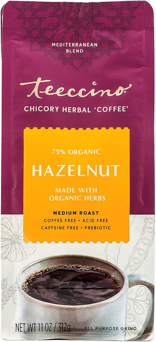 Teeccino Organic Herbal Kosher-Parve Chicory Mediterranean Hazelnut w/Carob, Barley, Dates, Almonds, Figs, Natural Flavor, Medium Roast Grind Caffeine-Free Coffee Alternative (Case of 6) 11oz Bags