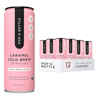 Pop & Bottle, Organic Oat Milk Lattes - Caramel Cold Brew w/Functional Mushrooms - Lion's Mane & Reishi, MCT Oil, Dates, Single Shot, Lightly Sweetened w/Dairy Free, Gluten Free & Great as Cold Brew Iced Caffeinated Coffee (Pack of 12) 8oz Can