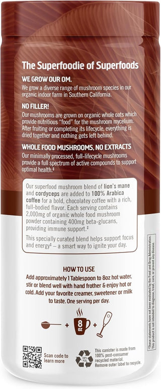 OM Mushroom Superfood Organic Kosher Mushroom Blend, 100% Arabica Beans, Functional Mushrooms: Lion's Mane, Cordyceps, Turkey Tail w/Ginkgo Biloba, Supports Energy & Focus Coffee Powder (Case of 10) 6.24oz Canister.