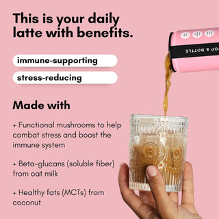 Pop & Bottle, Organic Oat Milk Lattes - Caramel Cold Brew w/Functional Mushrooms - Lion's Mane & Reishi, MCT Oil, Dates, Single Shot, Lightly Sweetened w/Dairy Free, Gluten Free & Great as Cold Brew Iced Caffeinated Coffee (Pack of 12) 8oz Can