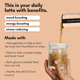 Pop & Bottle, USDA Organic Certified Oat Milk Lattes - w/Adaptogens, Maca, Ashwagandha, MCT Oil, Oat Milk & Lightly Sweetened w/Dates & Mocha, Dairy Free, Gluten Free, Fair-Trade, Direct-Trade Great as Cold Brew Caffeinated Coffee (12 Pack) 8oz Can
