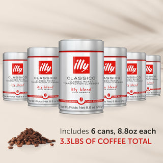 Illy Caffe Coffee 100% Arabica Medium Roast Whole Bean w/Notes of Caramel, Orange Blossom & Jasmine, No Preservatives, Espresso Caffeinated Coffee (Case Of 6) 8.8oz Canister