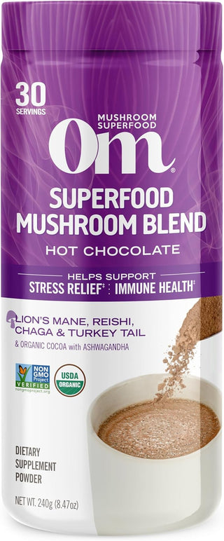 OM MUSHROOM SUPERFOOD USDA Organic, Kosher Hot Chocolate Functional Mushroom Blend w/Lion's Mane, Reishi, Chaga, Turkey Tail & Ashwagandha, Dutch Cocoa, Vegan Non-GMO, Gluten-Free "Focus and Stress Support" Superfood Mix (Pack of 1) 8.47oz Canister