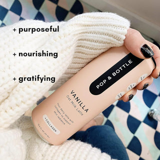 Pop & Bottles Oat Milk Vanilla Lattes - Cold Brew, Marine Collagen, MCT Oil, Oat Milk, Organic, Dairy Free, Gluten Free, Vegan, Great as Iced Coffee, Lightly Sweetened w/Dates Caffeinated Latte (Pack of 12) 8oz Can
