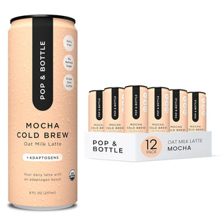 Pop & Bottle, USDA Organic Certified Oat Milk Lattes - w/Adaptogens, Maca, Ashwagandha, MCT Oil, Oat Milk & Lightly Sweetened w/Dates & Mocha, Dairy Free, Gluten Free, Fair-Trade, Direct-Trade Great as Cold Brew Caffeinated Coffee (12 Pack) 8oz Can