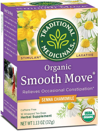 Traditional Medicinals Organic Herbal Kosher & Smooth Move Chamomile w/Senna Leaf, Herbal Supplements GMO-Free, Naturally Caffeine-Free Herbal Tea (Case of 6) 16 Tea Bags