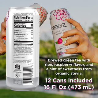 Steaz Kosher, Vegan, Raspberry, Zero Calorie Caffeine Green Tea (Case of 12) 16 Fl Oz Can