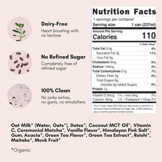 Pop & Bottle, Oat Milk Lattes - Organic Matcha w/Functional Mushrooms Reishi & Maitake MCT Oil, Organic, Dairy Free, Gluten Free, Lightly Sweetened w/Dates, Fair-Trade Caffeinated Green Tea Latte (Pack of 12) 8oz Can