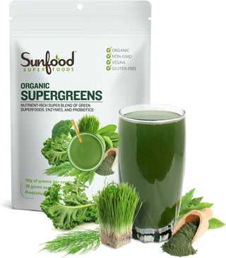 Sunfood Superfood Organic Super Greens Powder, Organic Green Juice/Smoothie Mix w/Digestive Enzymes Probiotic for Gut Health, Good Source of Liquid Chlorophyll, Spirulina Chlorella Superfood Mix (Pack of 1) 8oz Bag