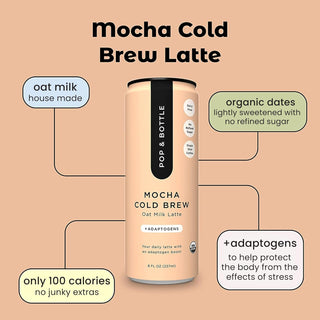 Pop & Bottle, USDA Organic Certified Oat Milk Lattes - w/Adaptogens, Maca, Ashwagandha, MCT Oil, Oat Milk & Lightly Sweetened w/Dates & Mocha, Dairy Free, Gluten Free, Fair-Trade, Direct-Trade Great as Cold Brew Caffeinated Coffee (12 Pack) 8oz Can