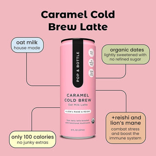 Pop & Bottle, Organic Oat Milk Lattes - Caramel Cold Brew w/Functional Mushrooms - Lion's Mane & Reishi, MCT Oil, Dates, Single Shot, Lightly Sweetened w/Dairy Free, Gluten Free & Great as Cold Brew Iced Caffeinated Coffee (Pack of 12) 8oz Can
