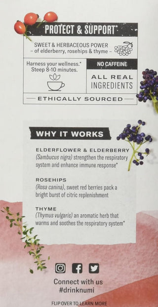 Numi Tea - Organic Herbal Kosher Immune Support Elderflower, Elderberry, Thyme, Dairy-Free, Gluten-Free, GMO-Free, Fair-Trade, Wheat-Free, Yeast-Free Herbal Tea (Case of 6) 16 Tea Bags