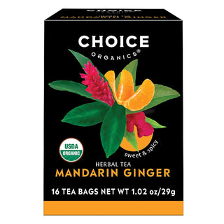 Choice USDA Organic Certified, Kosher Certified, Mandarin Ginger w/Rooibos, Spicy & Floral Notes, Dairy-Free, GMO-Free, Wheat-Free, Yeast-Free, Vegan, Gluten-Free, Caffeine-Free Herbal Tea (Case of 6) 16 Tea Bags