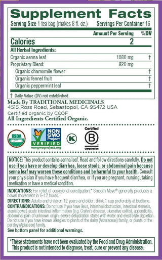 Traditional Medicinals Organic Herbal Kosher & Smooth Move Chamomile w/Senna Leaf, Herbal Supplements GMO-Free, Naturally Caffeine-Free Herbal Tea (Case of 6) 16 Tea Bags