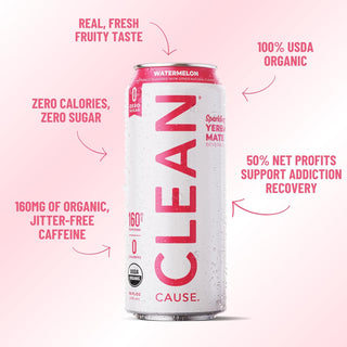 CLEAN Cause Organic Yerba Mate Watermelon w/Stevia Extract, Erythritol, Yerba-Mate Extract, Citric Acid, Keto Friendly Energy Drink Alternative w/Zero Calorie, Zero-Sugar, 160mg Caffeine, Better Alternative to Energy Drinks (Case of 12) 16 oz Cans