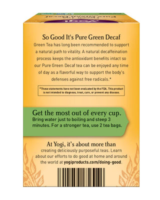 Yogi Organic Herbal Kosher, Pure Green Decaf, Non-GMO, Vegan, Supports Vitality Caffeine-Free Green Tea (Case of 6) 16 Tea Bags