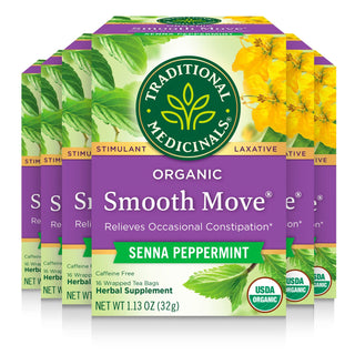 Traditional Medicinals Organic Herbal Kosher Smooth Move w/Senna Leaf, Peppermint, Non-GMO, Naturally Caffeine-Free Herbal Tea (Case of 6) 16 Tea Bags