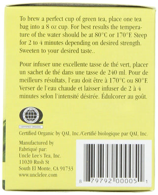 Uncle Lee's Tea USDA Organic Certified Lemon Ginger Green Tea, 100% Natural Premium Green Tea Bags, Fresh Flavor, Plant-Based, Enjoy w/Honey, Hot Tea or Iced Tea Beverages Sugar-Free Caffeine-Free Herbal Tea (Pack of 1) 18 Tea Bags