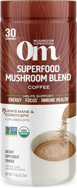OM Mushroom Superfood Organic Kosher Mushroom Blend, 100% Arabica Beans, Functional Mushrooms: Lion's Mane, Cordyceps, Turkey Tail w/Ginkgo Biloba, Supports Energy & Focus Coffee Powder (Case of 10) 6.24oz Canister.