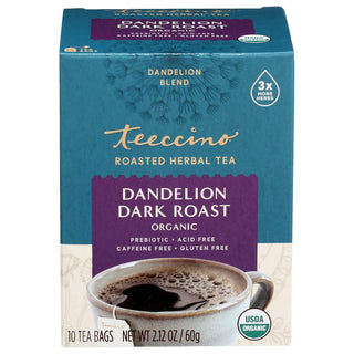 Teeccino Organic Herbal Kosher Chicory, Dandelion Dark Roast w/Carob, Dandelion Root, Ramón Seeds & Natural Coffee Flavor, Gluten-Free, Vegan, Caffeine-Free Herbal Tea (Case of 6) 10 Bag
