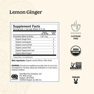Yogi Organic Herbal Kosher 100% Natural Tea Lemon Ginger w/Ginger Root, Lemongrass, Licorice Root, Peppermint Leaf, Non-GMO, Caffeine-Free Herbal Tea (Case Of 6) 16 Tea Bags