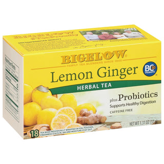 Bigelow Tea Herbal Premium Classic Plus Lemon Ginger w/Probiotic BC-30, Lemongrass, Lemon Peel, Lemon Verbena, Rosehip, Cinnamon Green Tea (Case of 6) 18 Caffeine-Free Tea Bags