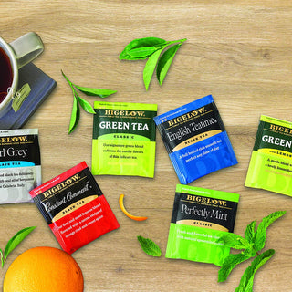 Bigelow Tea Herbal Kosher Assorted Variety Pack consisting of: Bigelow Earl Grey, Perfectly Mint, Constant Comment, Green Tea, English Teatime Caffeinated Green & Black Tea (Case of 6)18 Tea Bags