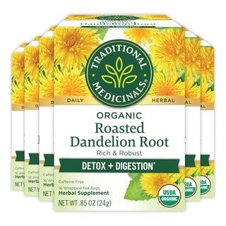 Traditional Medicinals Organic Herbal Kosher Roasted Dandelion Root w/Support Natural Detoxification & Healthy Digestion Supports Kidney Function & Healthy Digestion GMO-Free, Caffeine-Free Herbal Tea (Case of 6) 16 Tea Bags