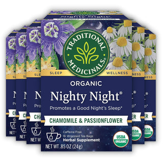 Traditional Medicinals Organic Herbal Kosher Nighty Night Valerian, w/Valerian Root, Passion Flower, Lemon Balm Leaf, non-GMO, Gluten-Free, Caffeine-Free Herbal Tea (Case of 6) 16 Tea Bags