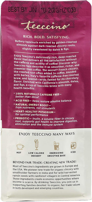 Teeccino Organic Herbal Kosher-Parve Chicory Mediterranean Hazelnut w/Carob, Barley, Dates, Almonds, Figs, Natural Flavor, Medium Roast Grind Caffeine-Free Coffee Alternative (Case of 6) 11oz Bags