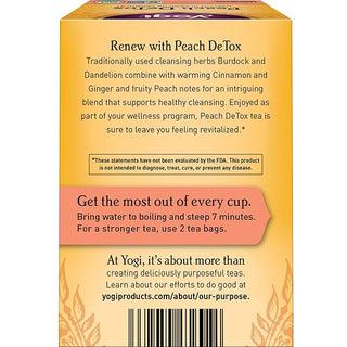 Yogi Organic Herbal Kosher Detox Peach w/Herbal Supplements, Ginger Root, Dandelion Root, Long Pepper Berry, Black Pepper, Peach Flavor, Fo-Ti Root, GMO-Free, Vegan, Caffeine-Free Green Tea (Case of 6) 16 Tea Bags