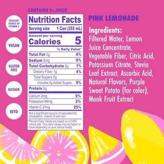 Swoon Lemonade Pink w/Lemon Juice Concentrate, Strawberry Juice Concentrate, Lemon Oil, Raspberry Juice Concentrate, Monk Fruit Extract, Vegetable Juice (Case of 12) 12 Fz Can