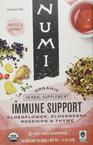 Numi Tea - Organic Herbal Kosher Immune Support Elderflower, Elderberry, Thyme, Dairy-Free, Gluten-Free, GMO-Free, Fair-Trade, Wheat-Free, Yeast-Free Herbal Tea (Case of 6) 16 Tea Bags