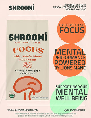 Shroomi USDA Organic Mushroom Coffee, FOCUS w/Lion’s Mane, Mushroom, Nicaragua Matagalpa, 100% Arabica Medium Ground Roasted Blend, Daily, Cognitive, Mental Well Being & Performance, Certified Fair Trade, Gourmet Mushroom Coffee (Case of 12) 12oz Bags