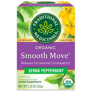 Traditional Medicinals Organic Herbal Kosher Smooth Move w/Senna Leaf, Peppermint, Non-GMO, Naturally Caffeine-Free Herbal Tea (Case of 6) 16 Tea Bags