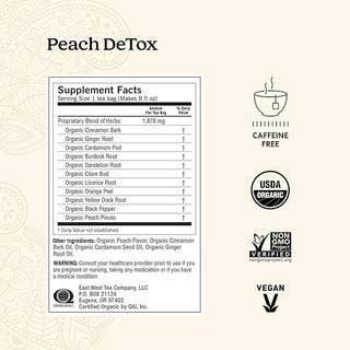 Yogi Organic Herbal Kosher Detox Peach w/Herbal Supplements, Ginger Root, Dandelion Root, Long Pepper Berry, Black Pepper, Peach Flavor, Fo-Ti Root, GMO-Free, Vegan, Caffeine-Free Green Tea (Case of 6) 16 Tea Bags