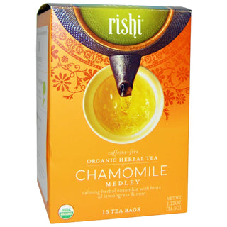 Rishi Organic Herbal Kosher "Chamomile Medley" Blended Infused w/Lemongrass, Lemon Verbena & Spearmint, GMO-Free, Dairy-Free Caffeine-Free  Herbal Tea (Case of 6) 15 Tea Bags
