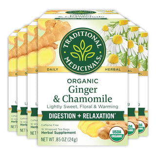 Traditional Medicinals Organic Herbal Kosher Golden Ginger w/Chamomile Flower Fair-Trade GMO-Free Caffeine-Free Herbal Tea (Case of 6) 16 Tea Bags