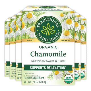 Traditional Medicinals Organic Herbal Kosher Chamomile w/Chamomile Flower, GMO-Free +Gluten-Free, Fair-Trade Caffeine-Free Herbal Tea (Case of 6) 16 Tea Bags